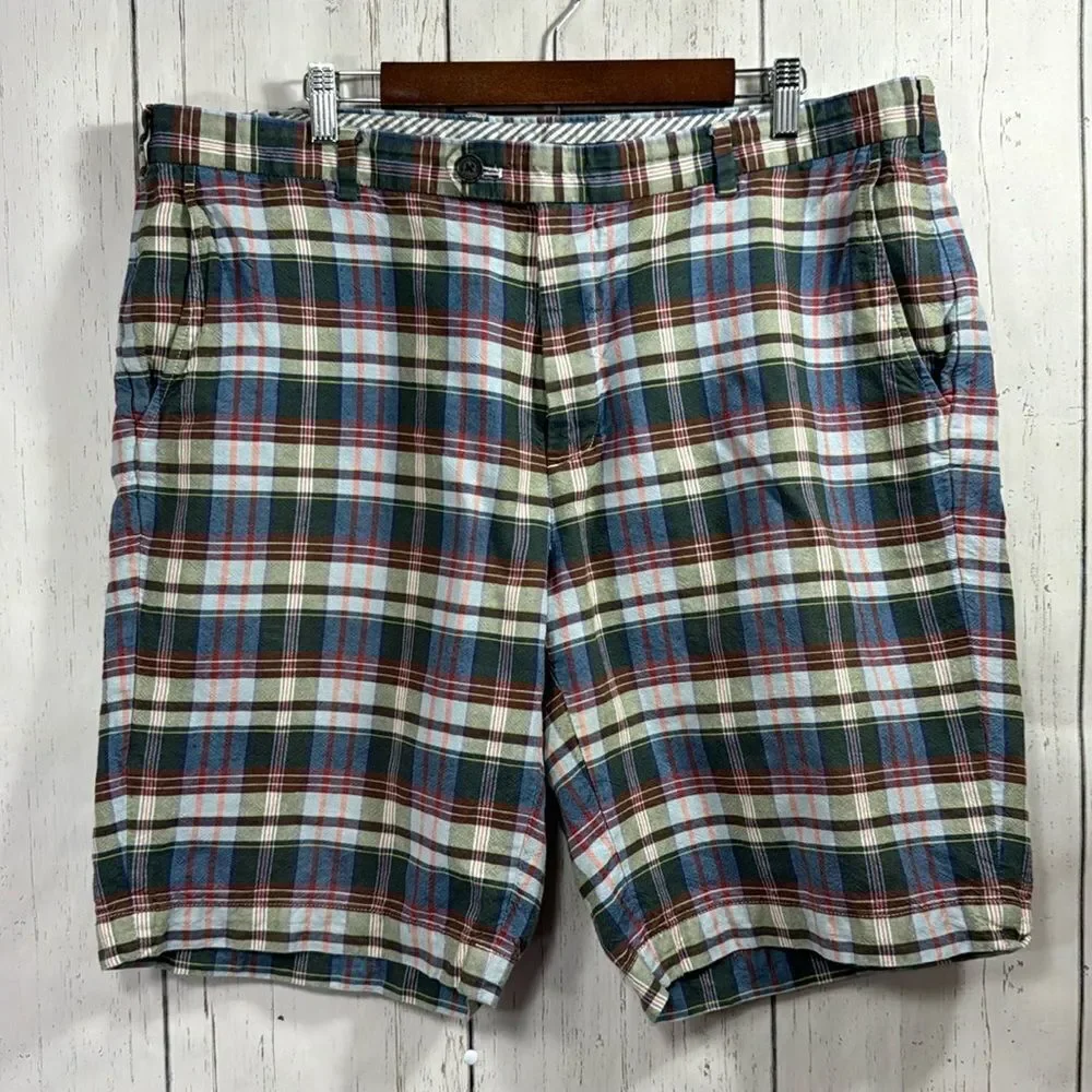 Brooks Brothers Mens Linen Blend Chino Flat Front Plaid Casual Pockets